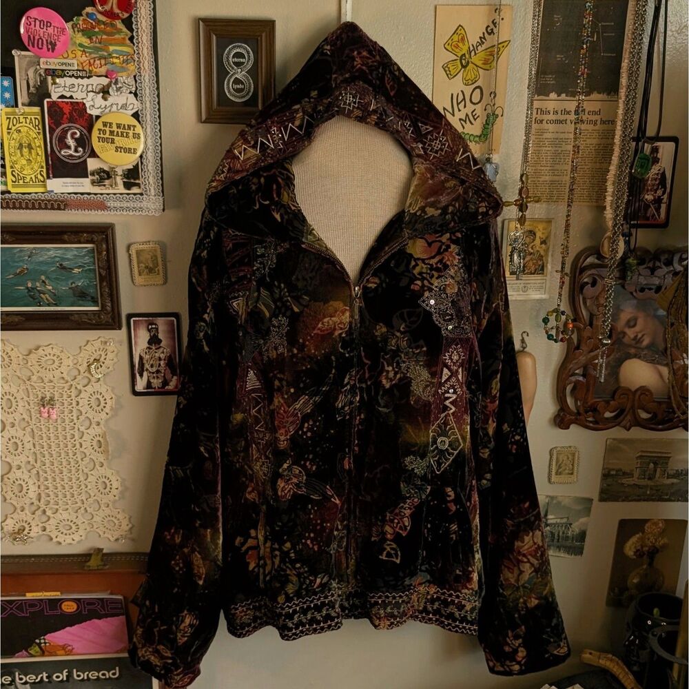 Vintage Velvet Silk Sparkly Zip Up Hoodie Women's Large/XL Multicolor